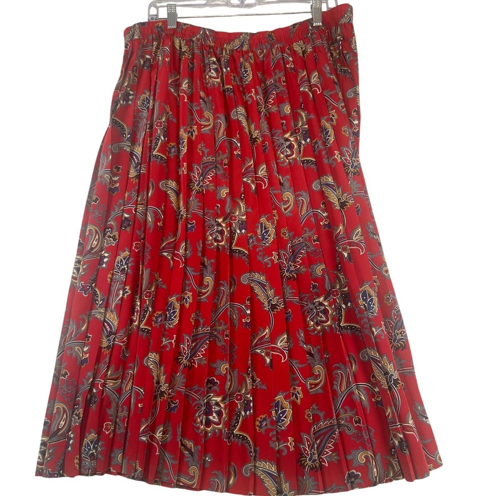 Alfred Dunner Red Paisley Pleated Midi Skirt Womens Plus Size 20W Elastic Waist‎